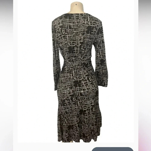 ANN TAYLOR WRAP MIDI DRESS. Y2K  VINTAGE. BROWN & CREAM PRINT LONG SLEEP SIZE 6 - Picture 3 of 8